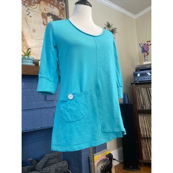 Neon Buddha S Tunic Top 3/4 Sleeve Embellished Button Turquoise Cotton Shirt - Picture 3 of 14